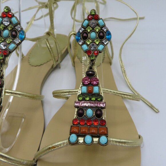 Express Womens 9 Lace Up Gladiator Flat Sandals Multicolor Rhinestone Gems Gold - Picture 4 of 9